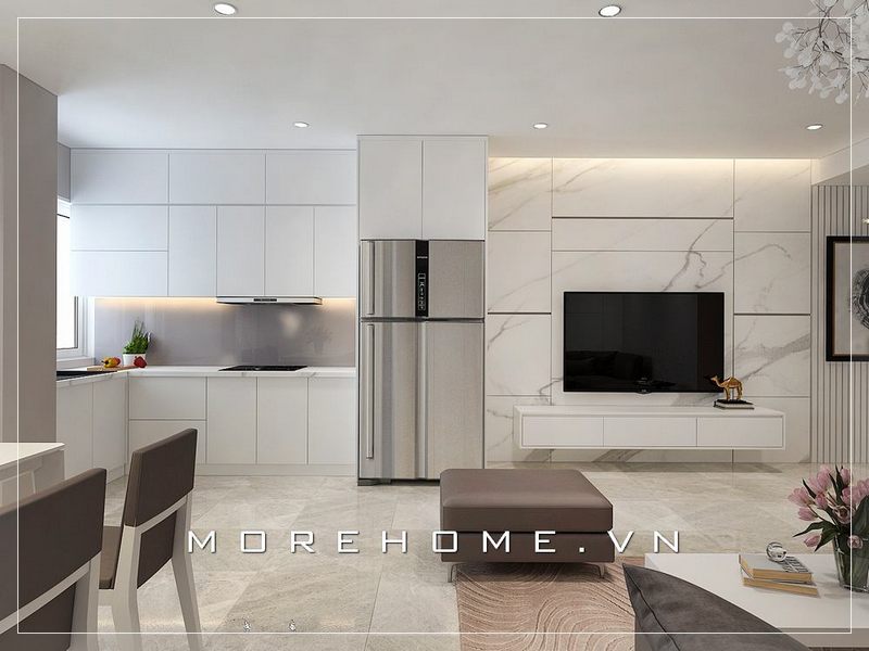 Tone màu trắng hiện đại và trẻ trung được sử dụng để thiết kế nội thất phòng bếp của căn hộ chung cư để tạo ra sự đẹp và trẻ trung.